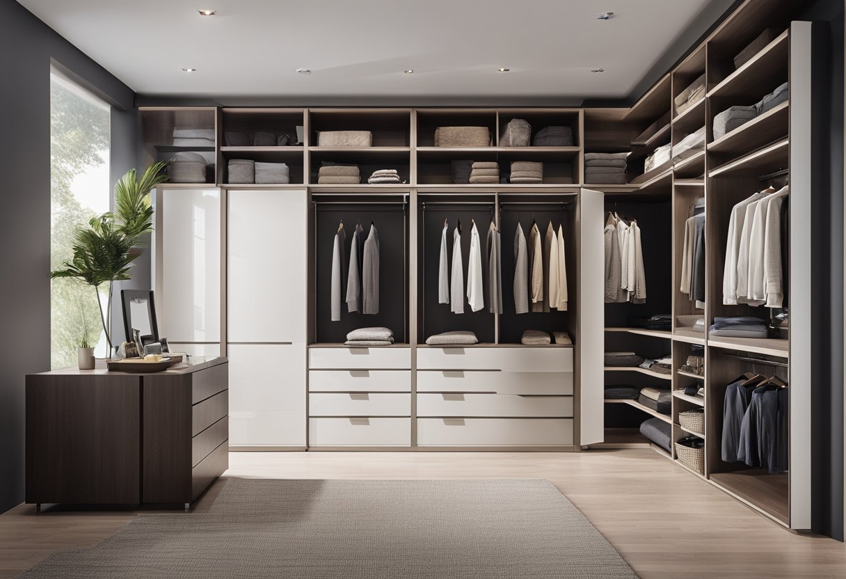 A spacious, organized master bedroom wardrobe with sliding doors and ample storage compartments