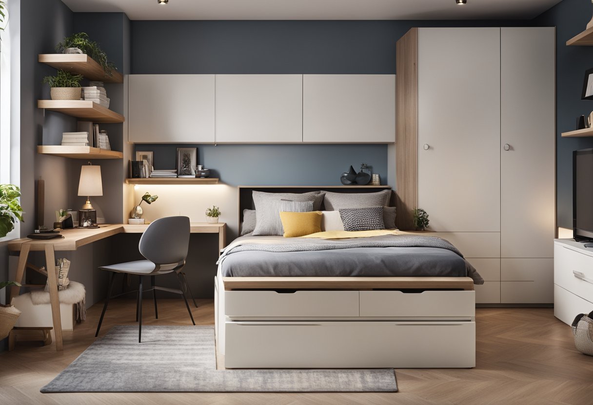 A small bedroom with clever storage solutions, such as built-in closets, under-bed drawers, and wall-mounted shelves. A cozy and functional space with a mix of open and closed storage options