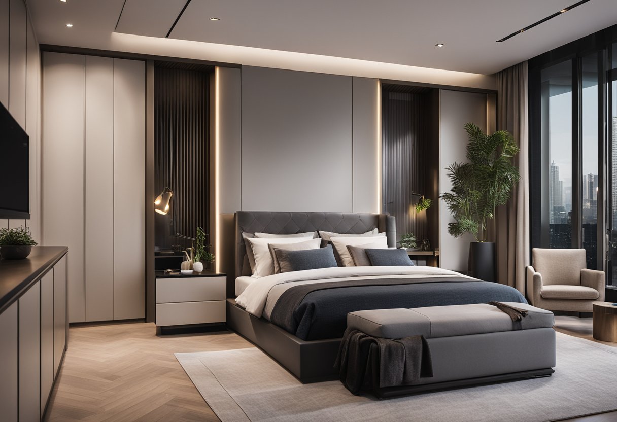 A modern bedroom with sleek built-in furniture, soft lighting, and minimalist decor