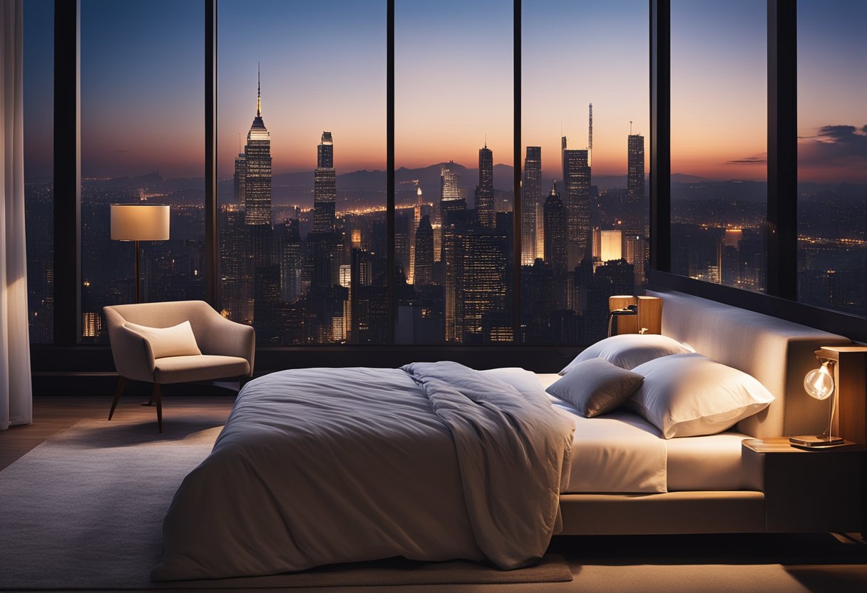 A cozy bedroom with warm lighting, a plush bed with crisp white linens, a sleek desk with a modern lamp, and a large window overlooking a city skyline