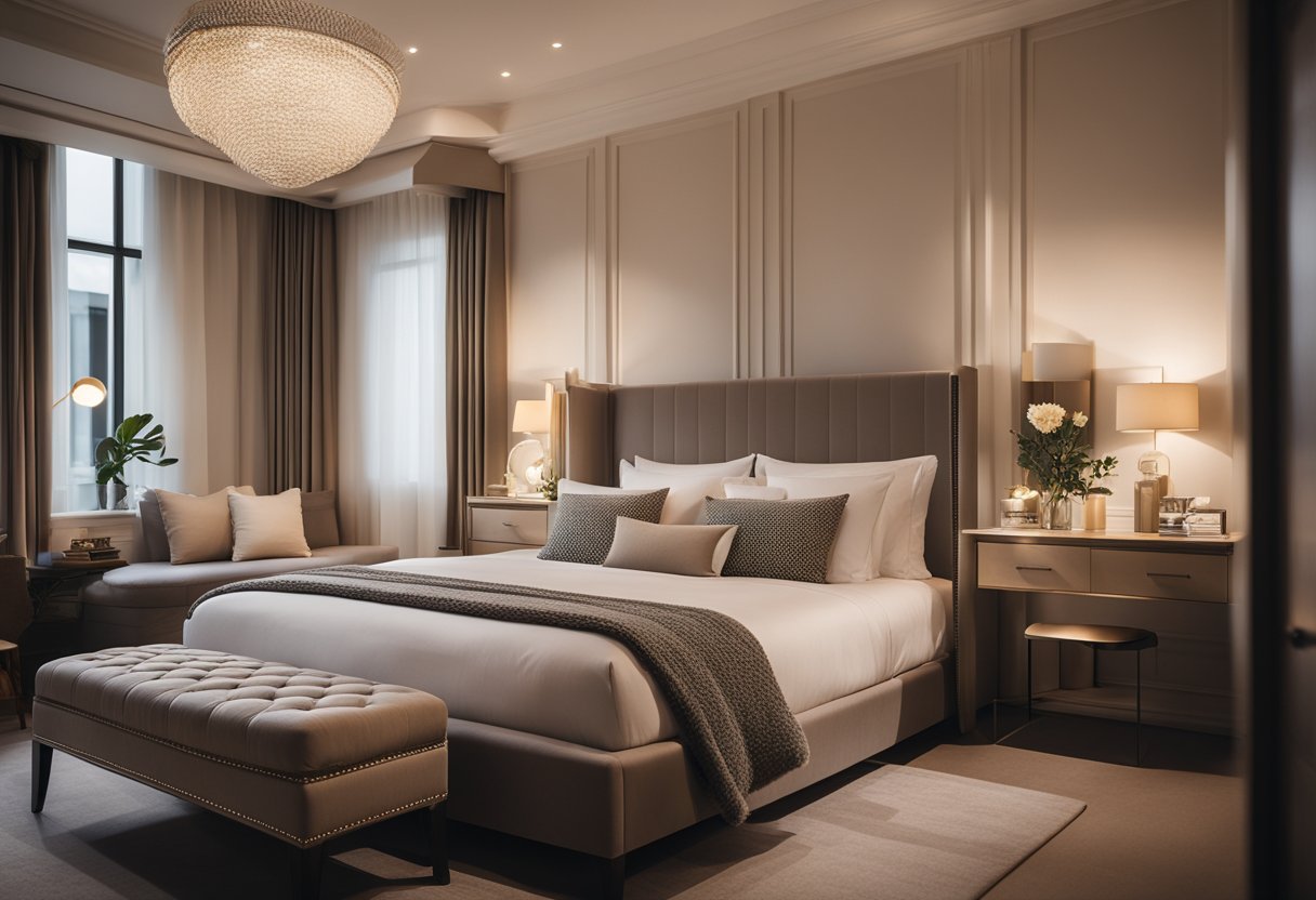 A cozy bedroom with warm, soft lighting, plush bedding, and elegant decor, creating a luxurious and inviting hotel-like atmosphere