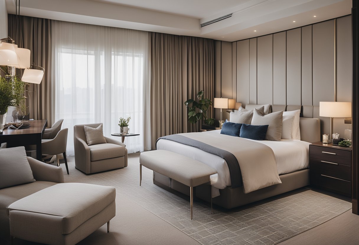 The bedroom is adorned with sleek, modern furniture and a neutral color palette, exuding an elegant and luxurious hotel feel