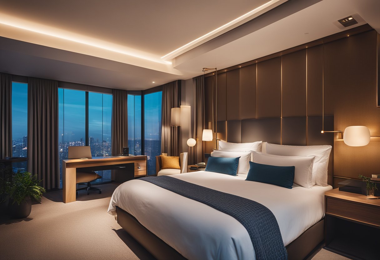 A cozy hotel bedroom with modern design, featuring warm lighting, a comfortable bed, and a sleek desk area for work or relaxation