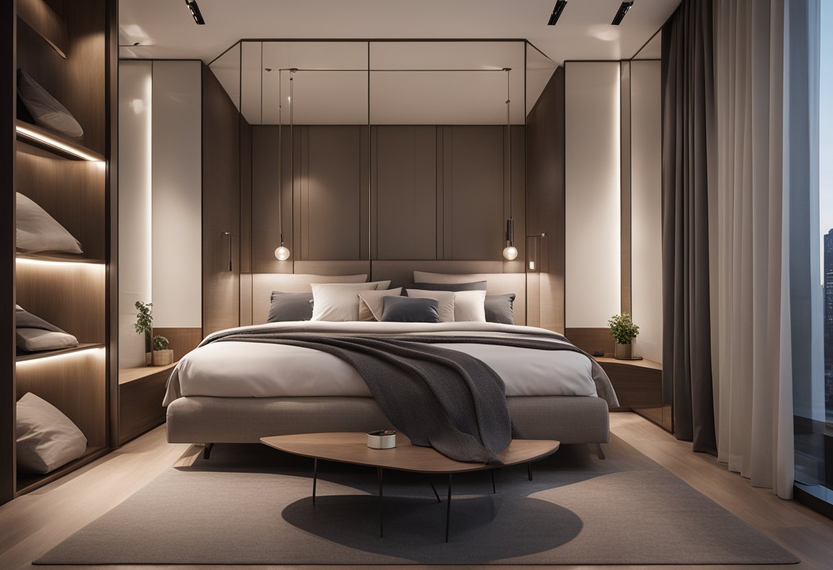A sleek, modern bedroom with clean lines and soft lighting. A built-in wardrobe with mirrored doors and a cozy reading nook with a window seat