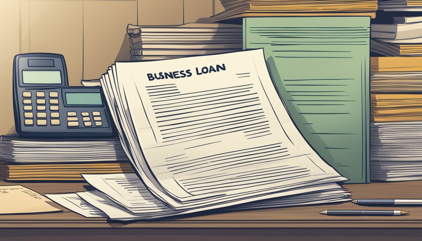 A stack of papers labeled "business loans" sits on a desk, with no bank statements in sight
