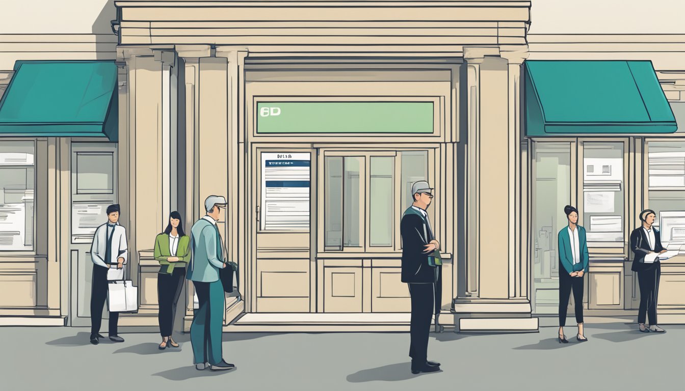 A person standing in front of a bank with a crossed-out bank statement, while a line of business owners without bank statements forms behind them