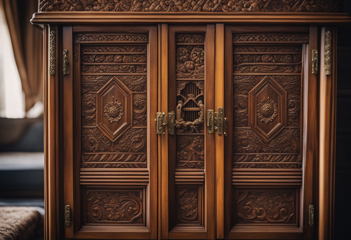 A wooden cabinet stands against the bedroom wall, with intricate carvings and ornate handles. The cabinet doors are closed, and the shelves inside are neatly organized with folded clothes and decorative items