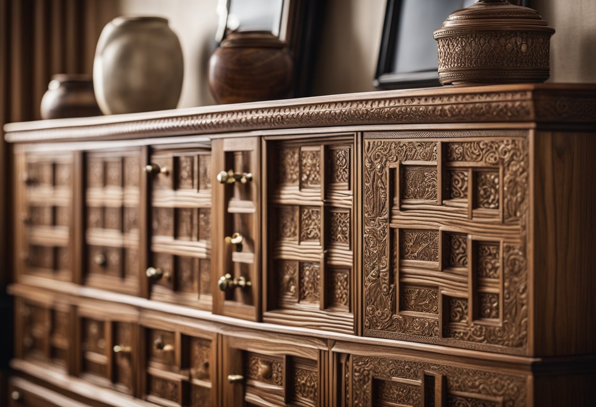A wooden bedroom cabinet stands against a wall, with shelves and drawers for storage, and decorative details such as carved patterns or metal hardware