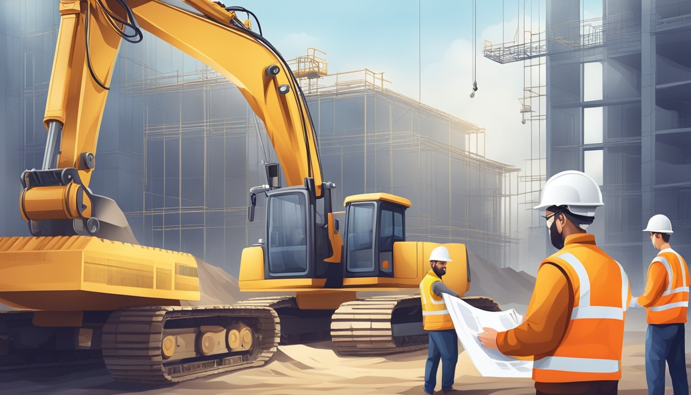 A construction site with heavy machinery and workers, a blueprint of a building, and a bank representative handing over a loan agreement for property development