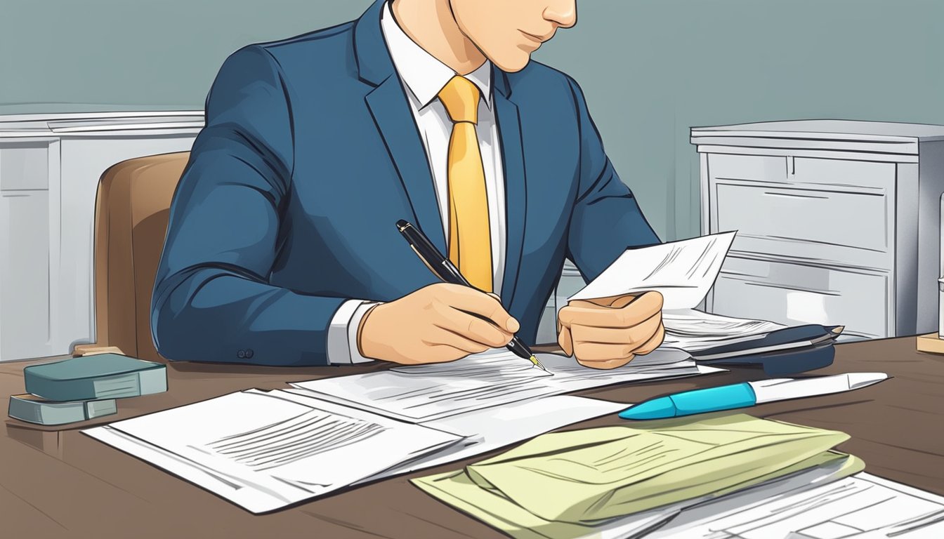 A businessman signs documents at a bank for a property development loan. Papers and a pen lay on a desk