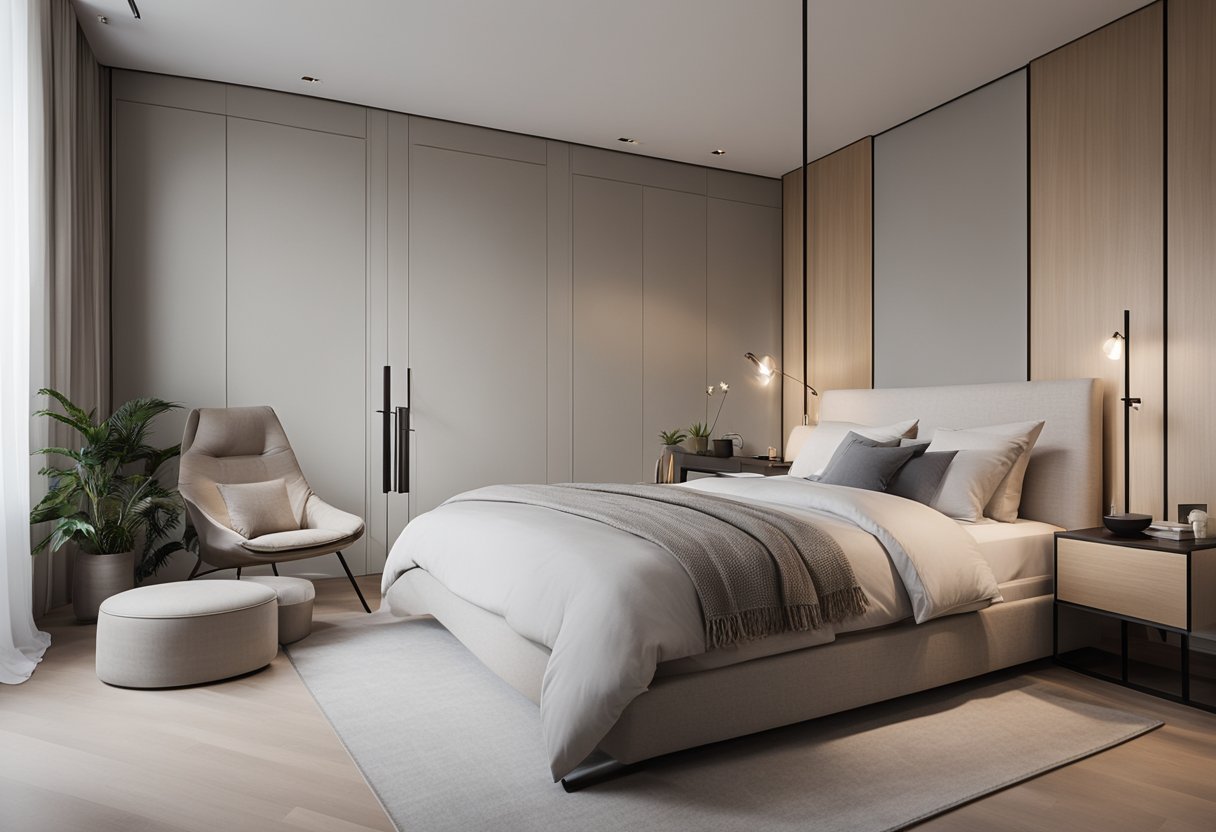 A modern bedroom with a sleek, minimalist design. Neutral colors, clean lines, and simple furniture create a peaceful and uncluttered atmosphere