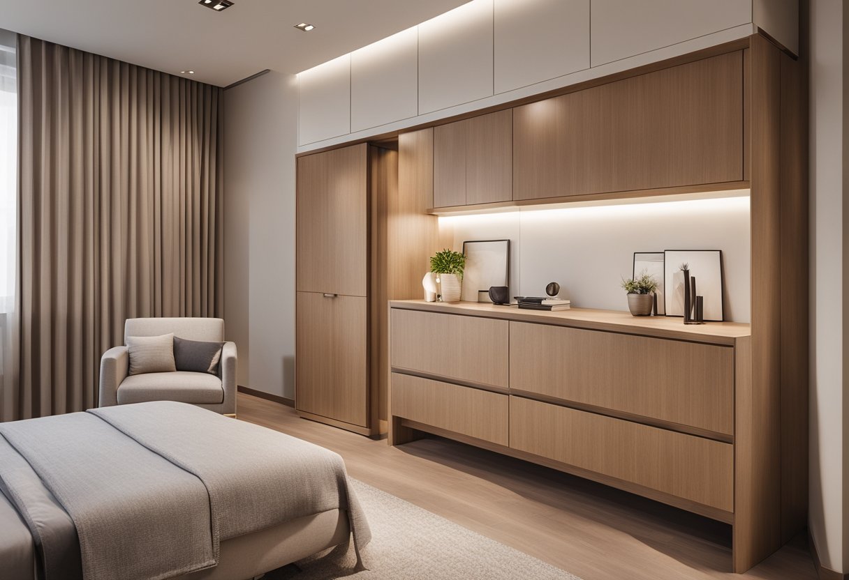 A spacious bedroom with a wooden cabinet against a neutral-colored wall, featuring sleek, modern design with ample storage space and elegant hardware