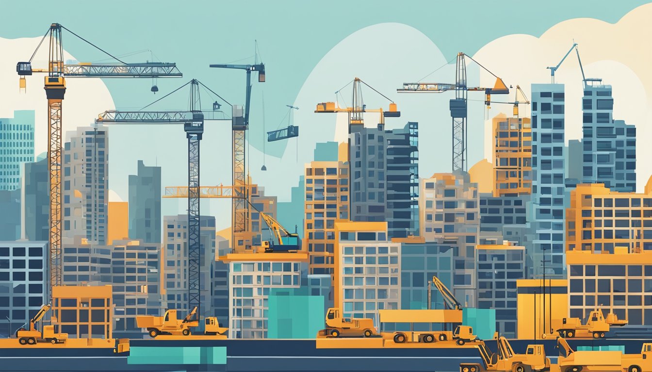 A bustling city skyline with cranes and construction sites, representing the potential for property development financed by a business loan