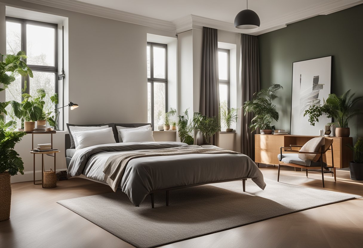 A spacious bedroom with a large, cozy bed, soft lighting, and a minimalist color scheme. A large window lets in natural light, and there are plants and artwork on the walls
