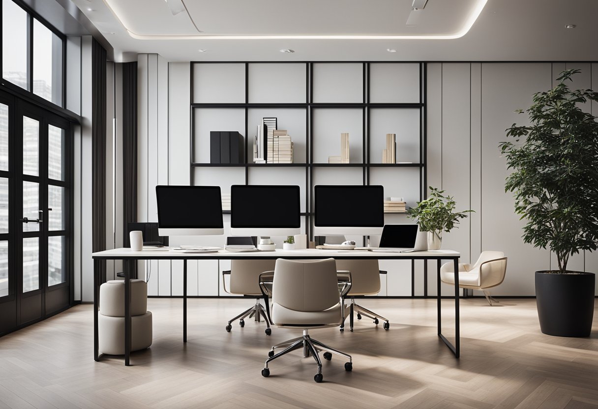 A modern office space with sleek furniture and minimalist decor, featuring a clean and organized layout with a touch of sophistication