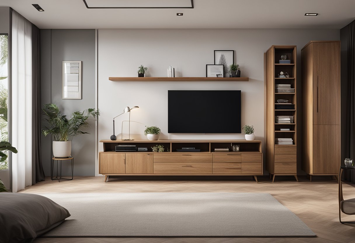 A wooden cabinet with various compartments and shelves stands in a bedroom, displaying neatly arranged items. The design is sleek and modern, with clean lines and a polished finish
