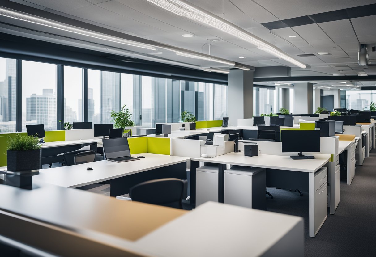 A modern office space with sleek furniture, vibrant color accents, and natural lighting. Clean lines and minimalistic design elements create a sense of sophistication and professionalism