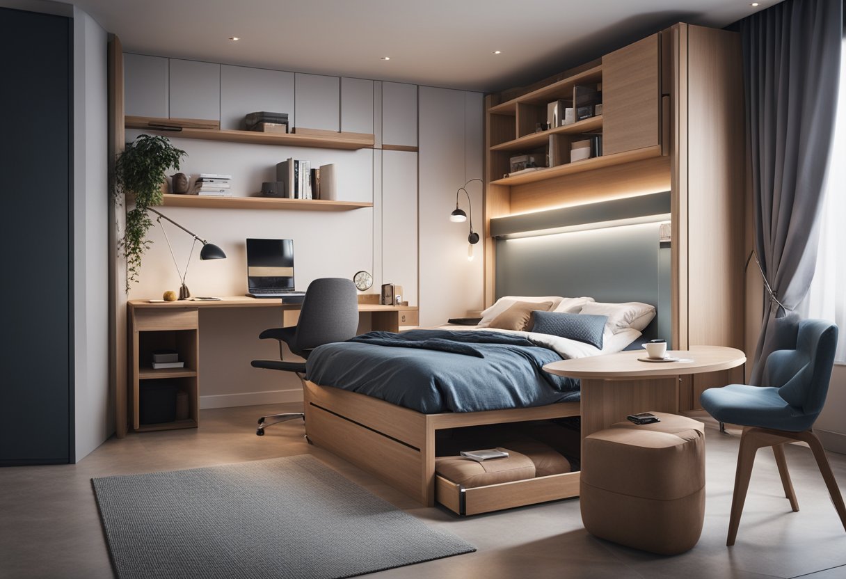 A well-organized bedroom with a foldable desk, storage bed, and adjustable lighting for functionality