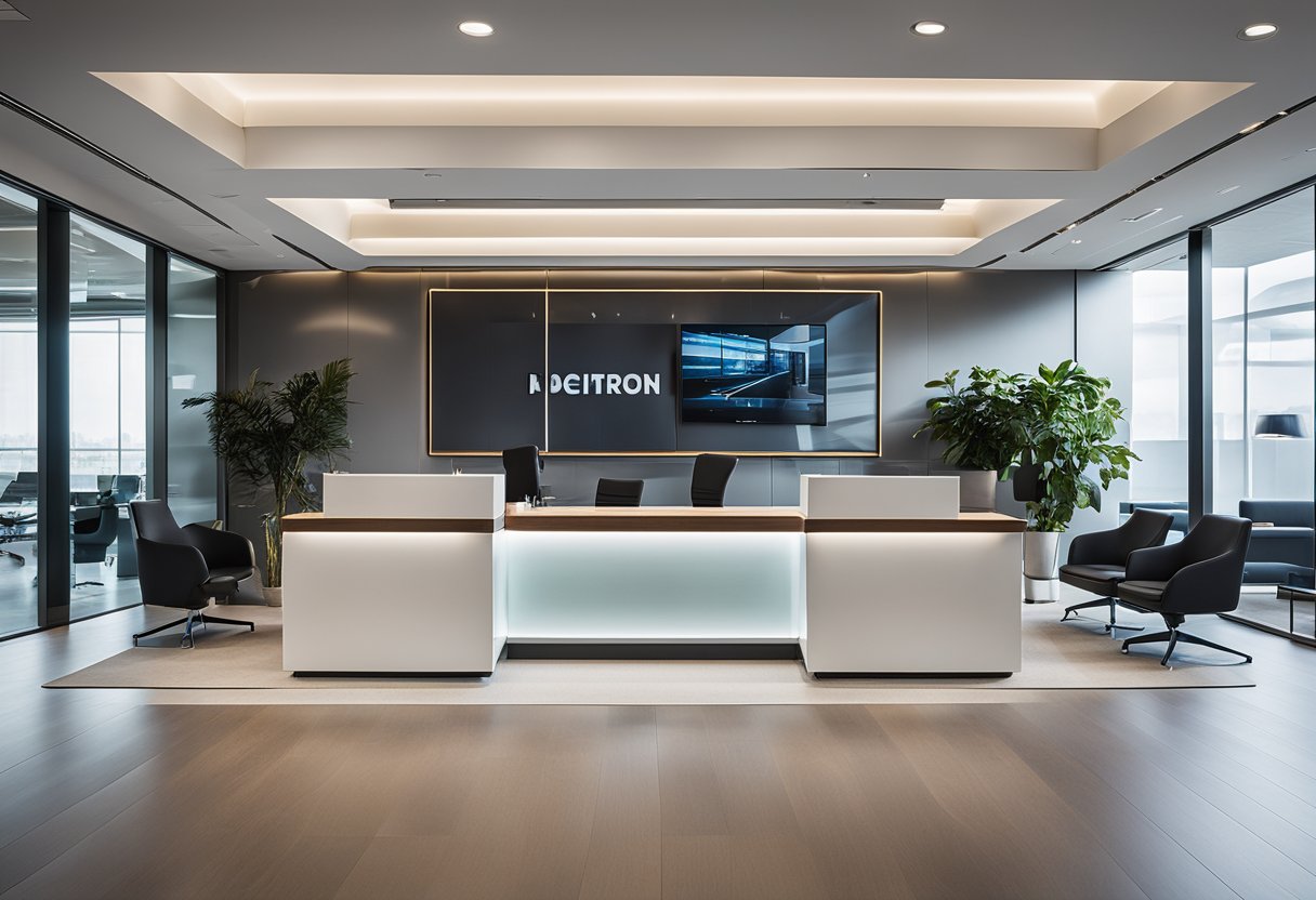 A modern office with a sleek reception desk, comfortable seating, and a large display showcasing the company's interior design portfolio