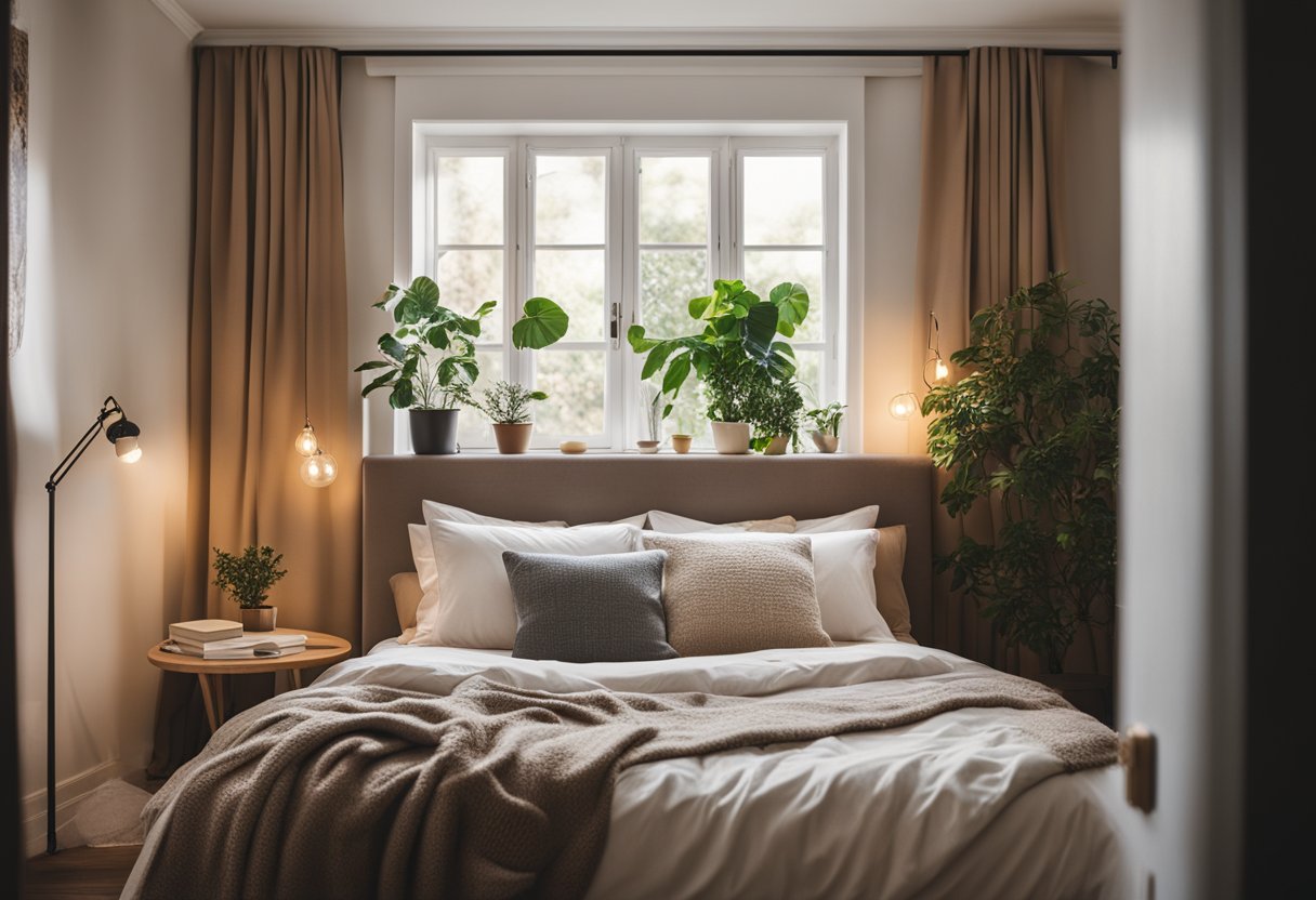 A cozy guest bedroom with a large, plush bed, soft lighting, and warm, neutral colors. A small desk and chair sit in the corner, with a window overlooking a peaceful garden