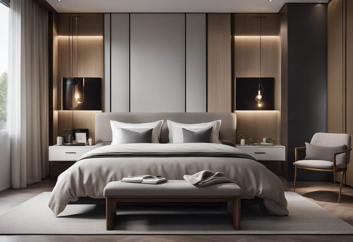A modern bedroom with a sleek design, featuring a large bed with crisp white linens, a stylish nightstand, and a minimalist desk with a comfortable chair