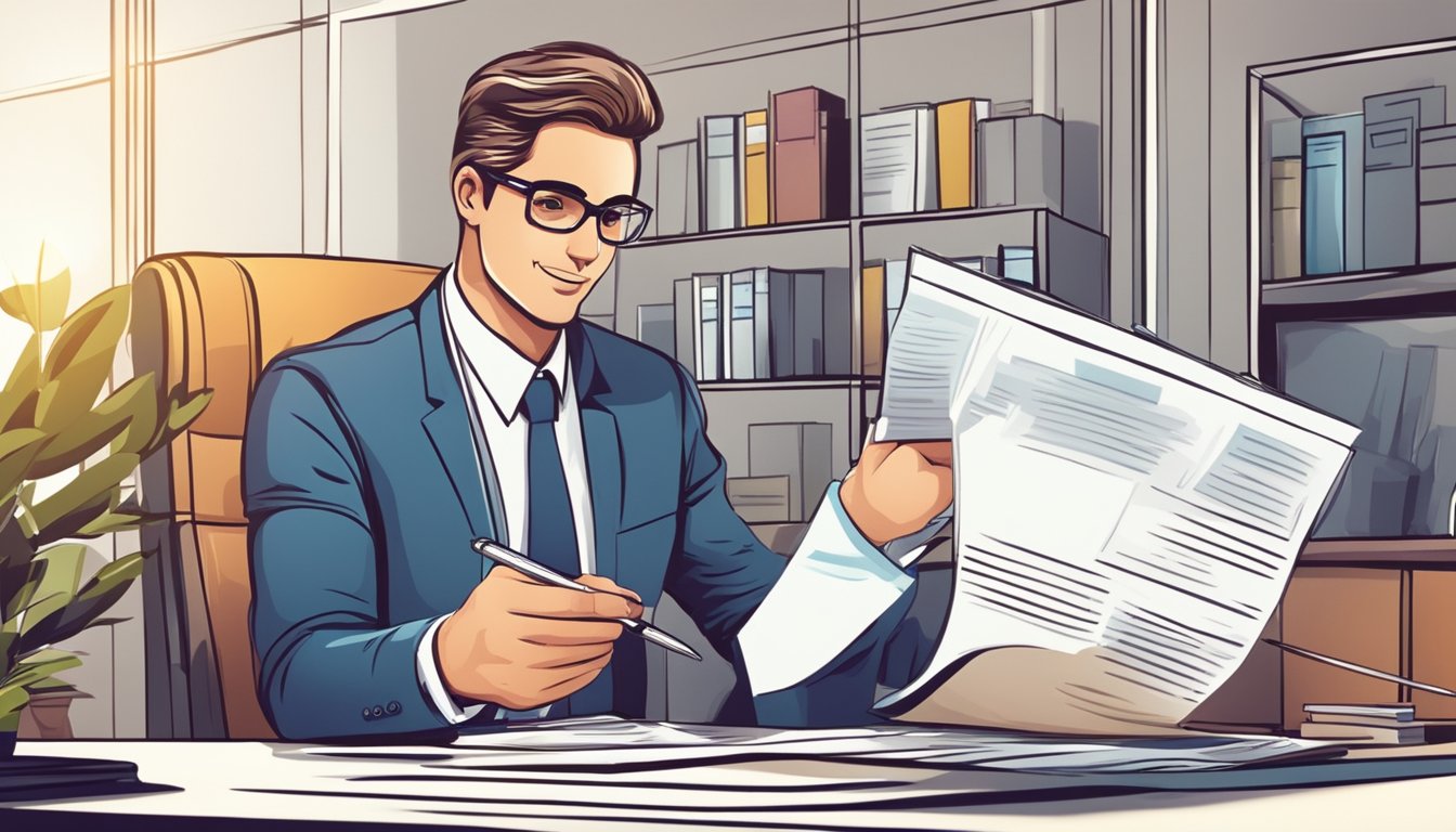 A bank manager approves a business real estate loan application in their office, while the client eagerly signs the paperwork