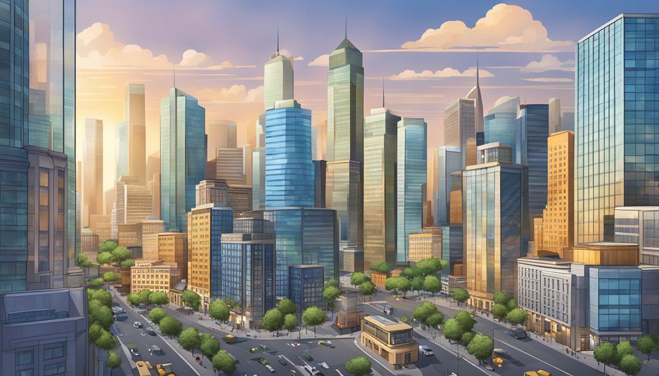 A bustling city skyline with towering office buildings, a busy commercial district, and a prominent bank or financial institution