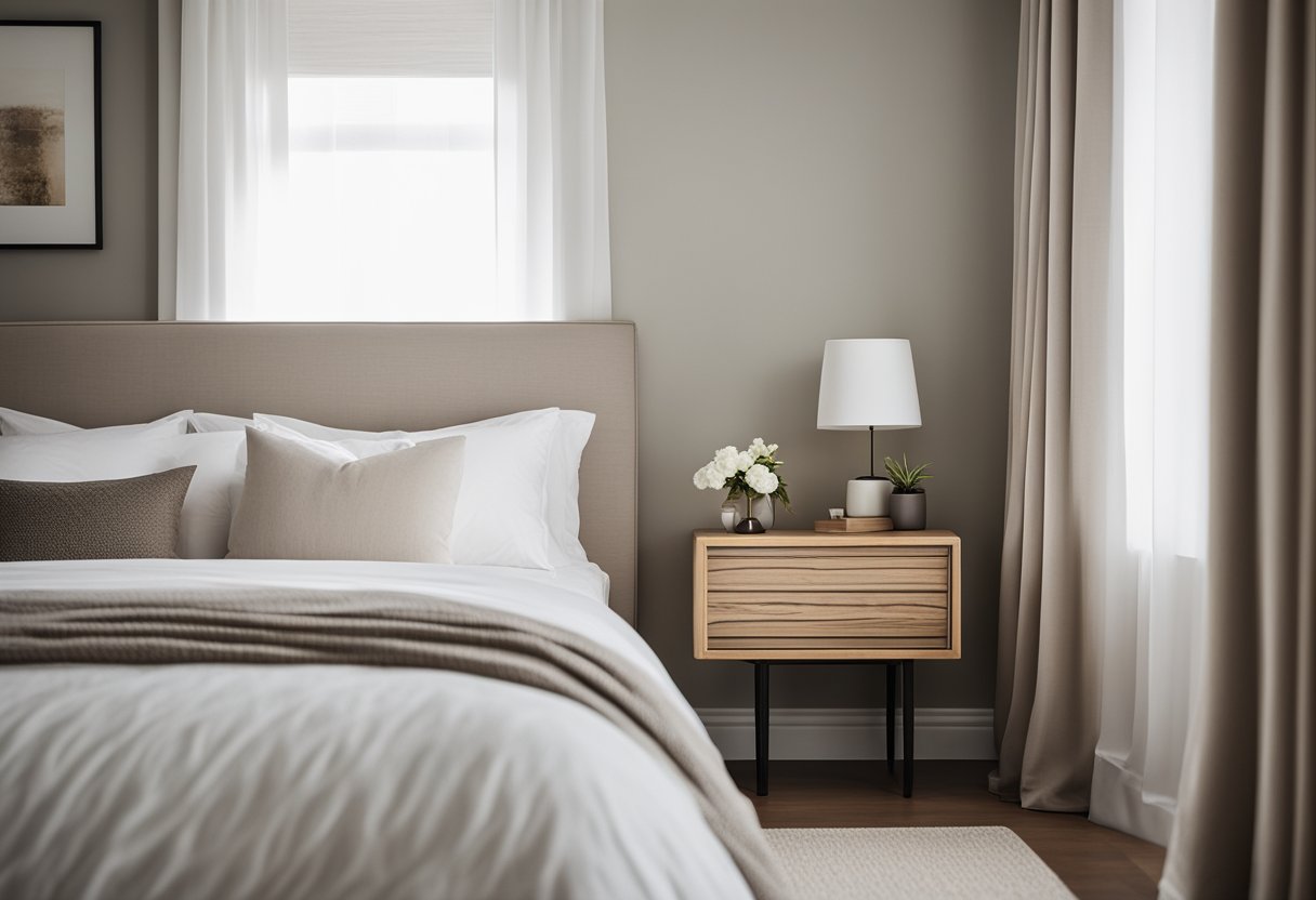 A cozy guest bedroom with a neutral color palette, a comfortable bed with crisp white linens, a nightstand with a lamp, and a small seating area with a plush armchair and a side table