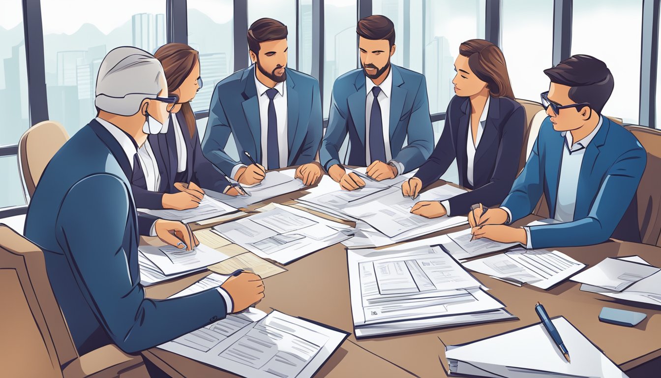 A group of professionals review documents and discuss terms for a business real estate loan. Papers are spread across a conference table as they confer