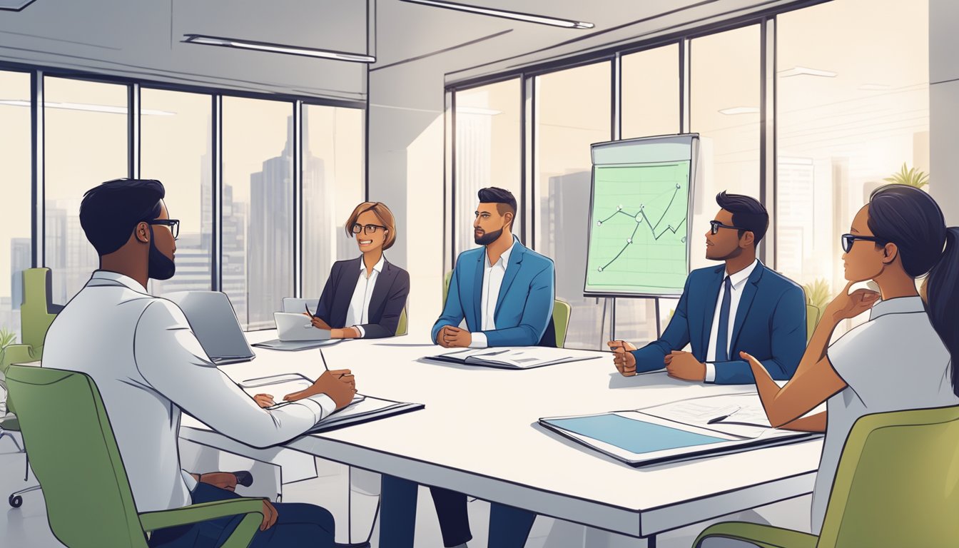A group of professionals discussing business real estate loan FAQs in a modern office setting with a whiteboard and charts