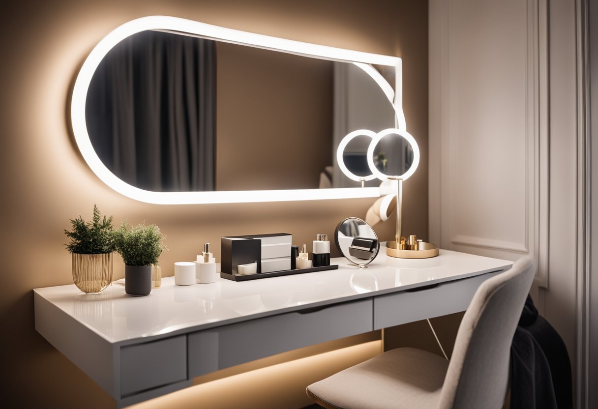 A sleek, minimalist dressing table with a large mirror, clean lines, and integrated storage compartments. The table is adorned with decorative items and a modern lamp