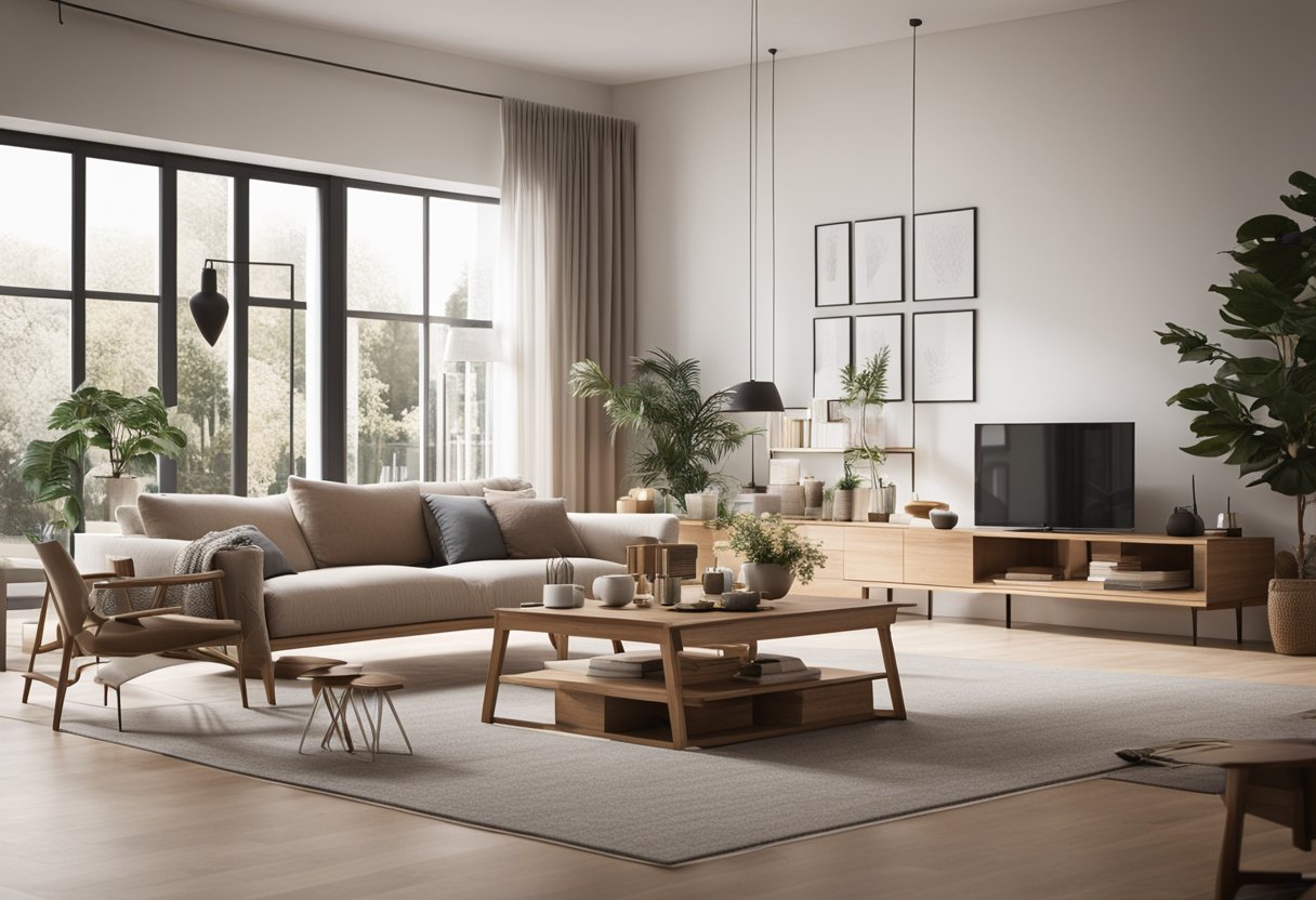 A cozy living room with minimalist furniture, natural light, neutral colors, and warm textures like wood and wool
