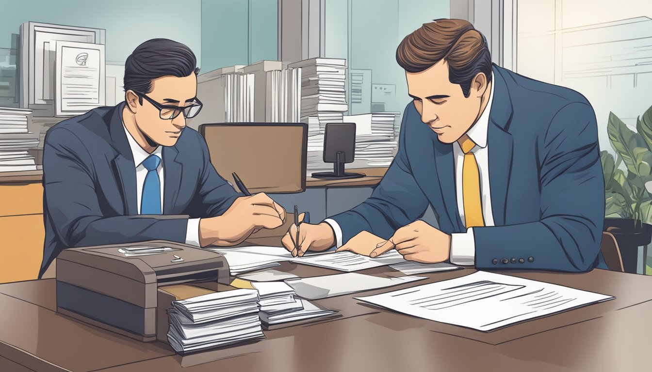 A business owner signs loan documents at a bank desk, while a banker explains terms
