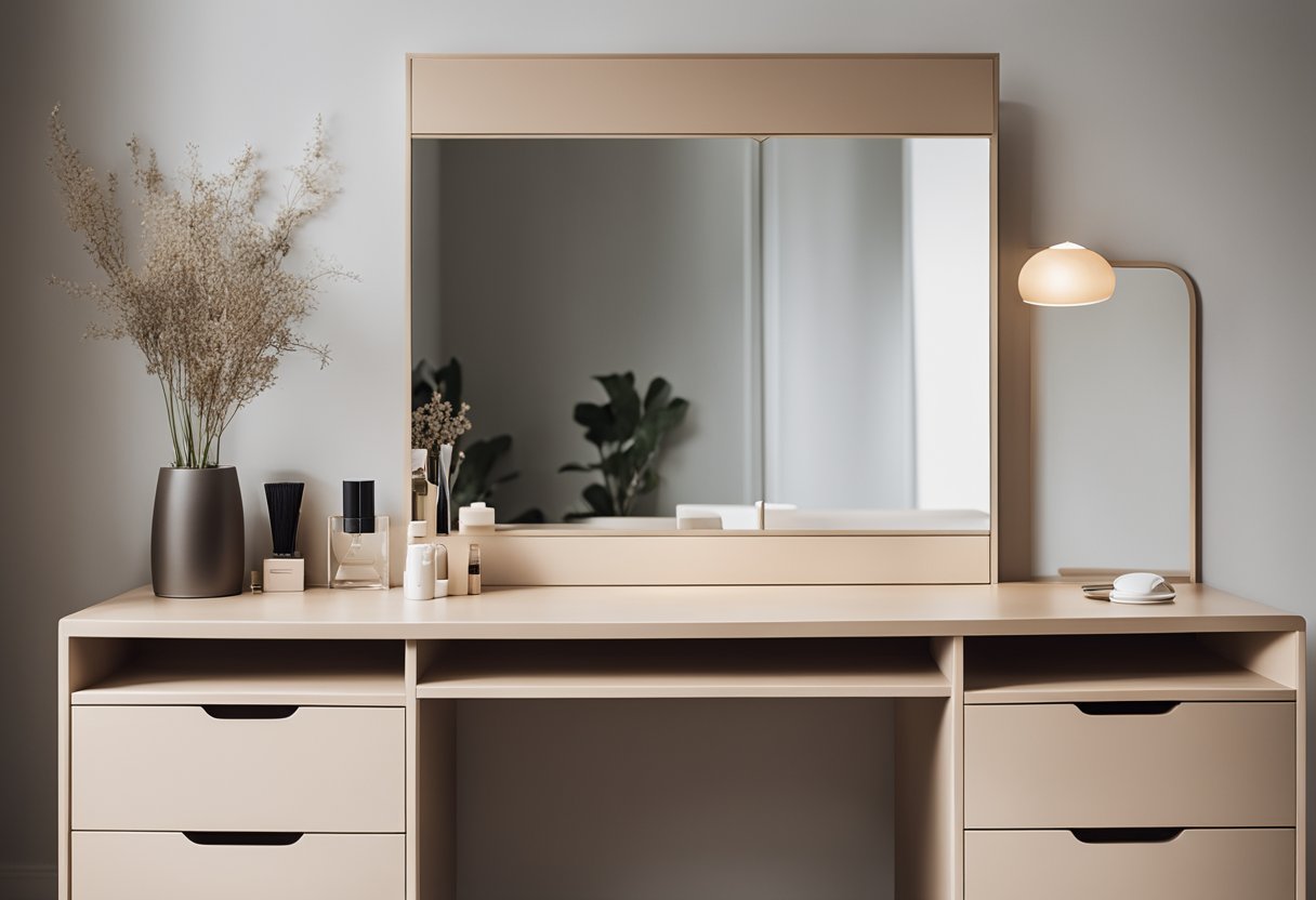 A sleek, minimalist dressing table with a large mirror, clean lines, and integrated storage compartments sits against a backdrop of neutral-colored walls and soft, natural lighting