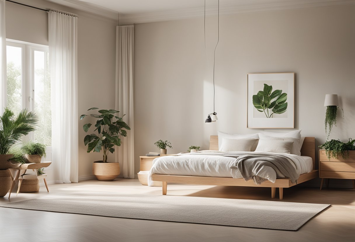 A bright, minimalist room with natural light, clean lines, and simple furniture in neutral tones. Wood and natural materials are prominent, with cozy textiles and a touch of greenery