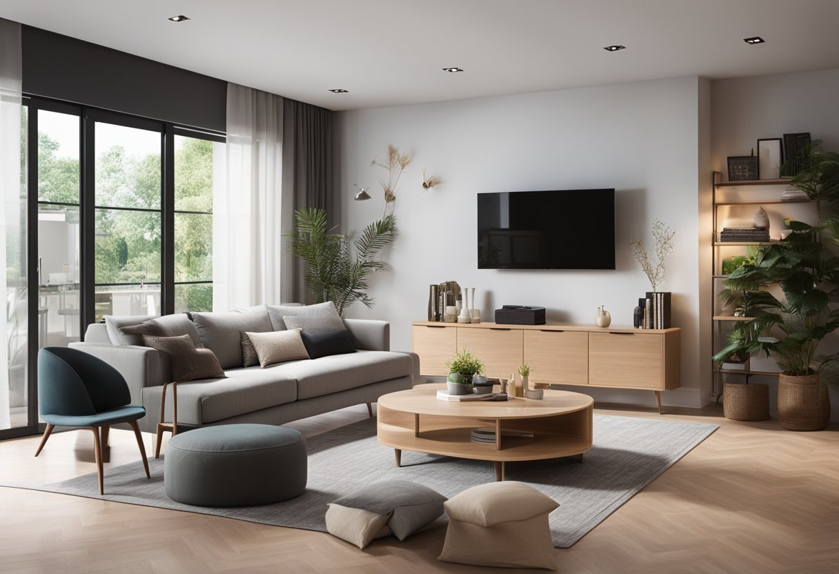 A spacious 150 sq ft living room with modern furniture, natural lighting, and a cozy color scheme