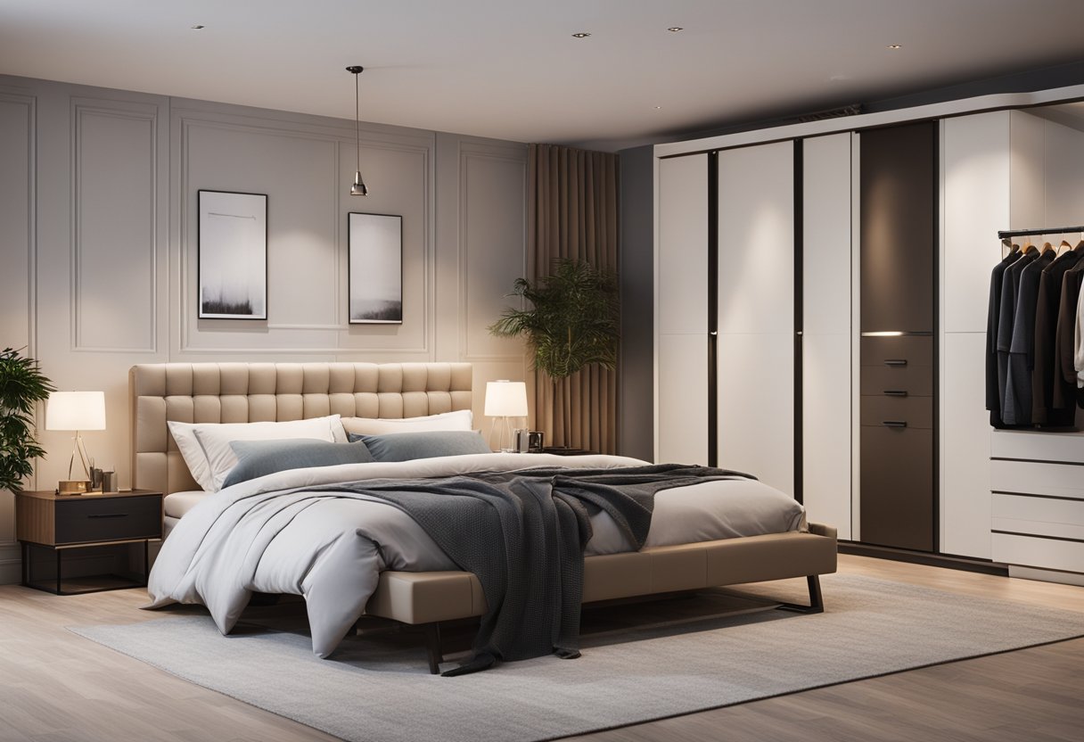 A spacious bedroom with a walk-in wardrobe, featuring modern furniture and soft lighting