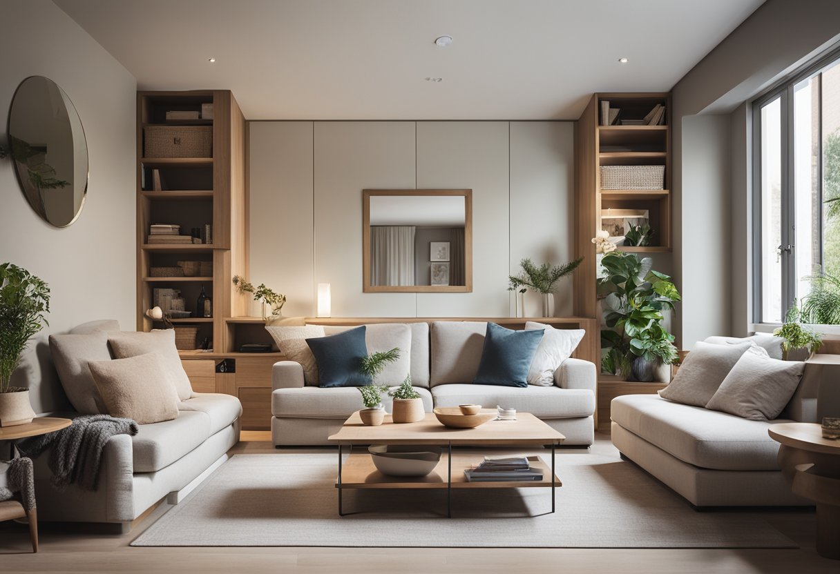 A cozy 150 sq ft living room with clever space-saving furniture, built-in storage, and a neutral color palette. Large windows let in natural light, and a strategically placed mirror creates the illusion of more space