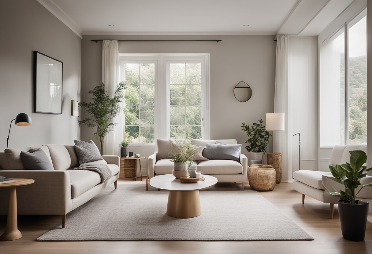 A cozy living room with minimalist furniture, natural light, and neutral colors. Clean lines and simple decor create a sense of calm and tranquility