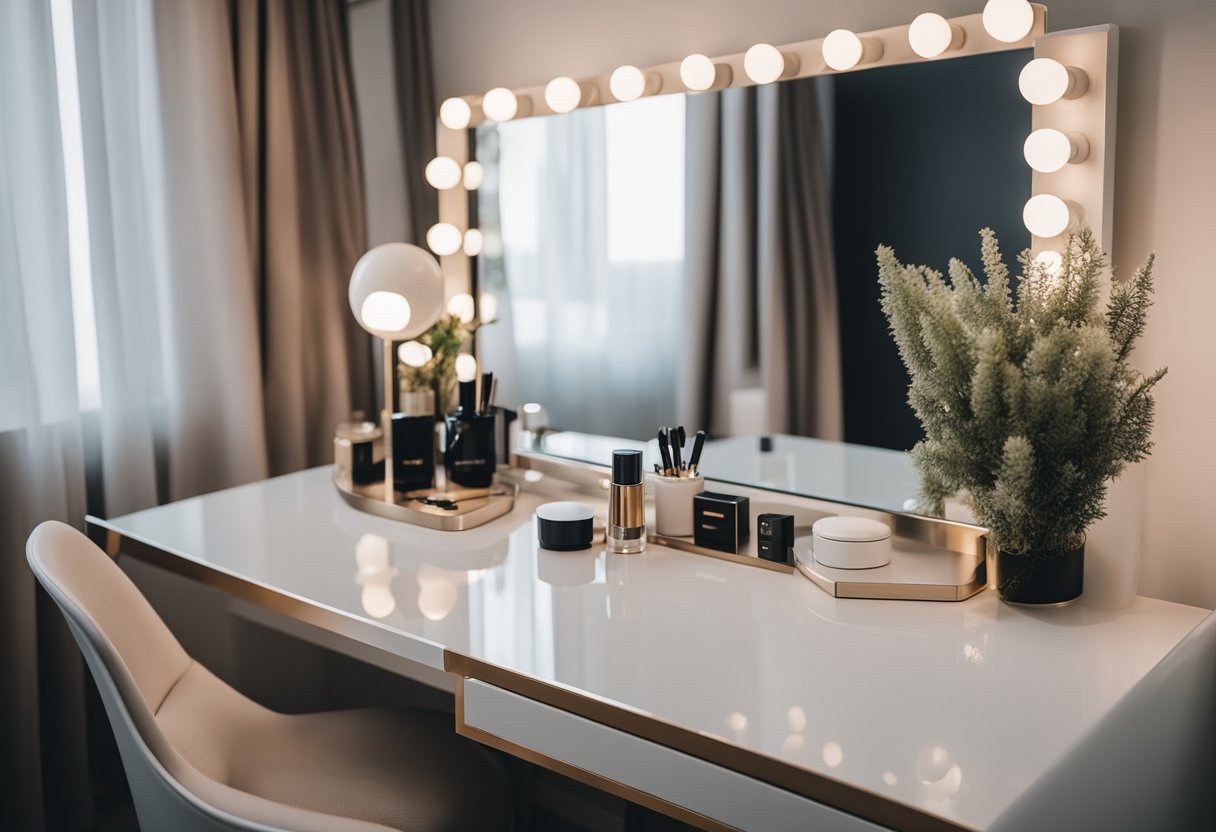 A sleek, minimalist dressing table with a built-in mirror and ample storage space, complementing the modern bedroom decor