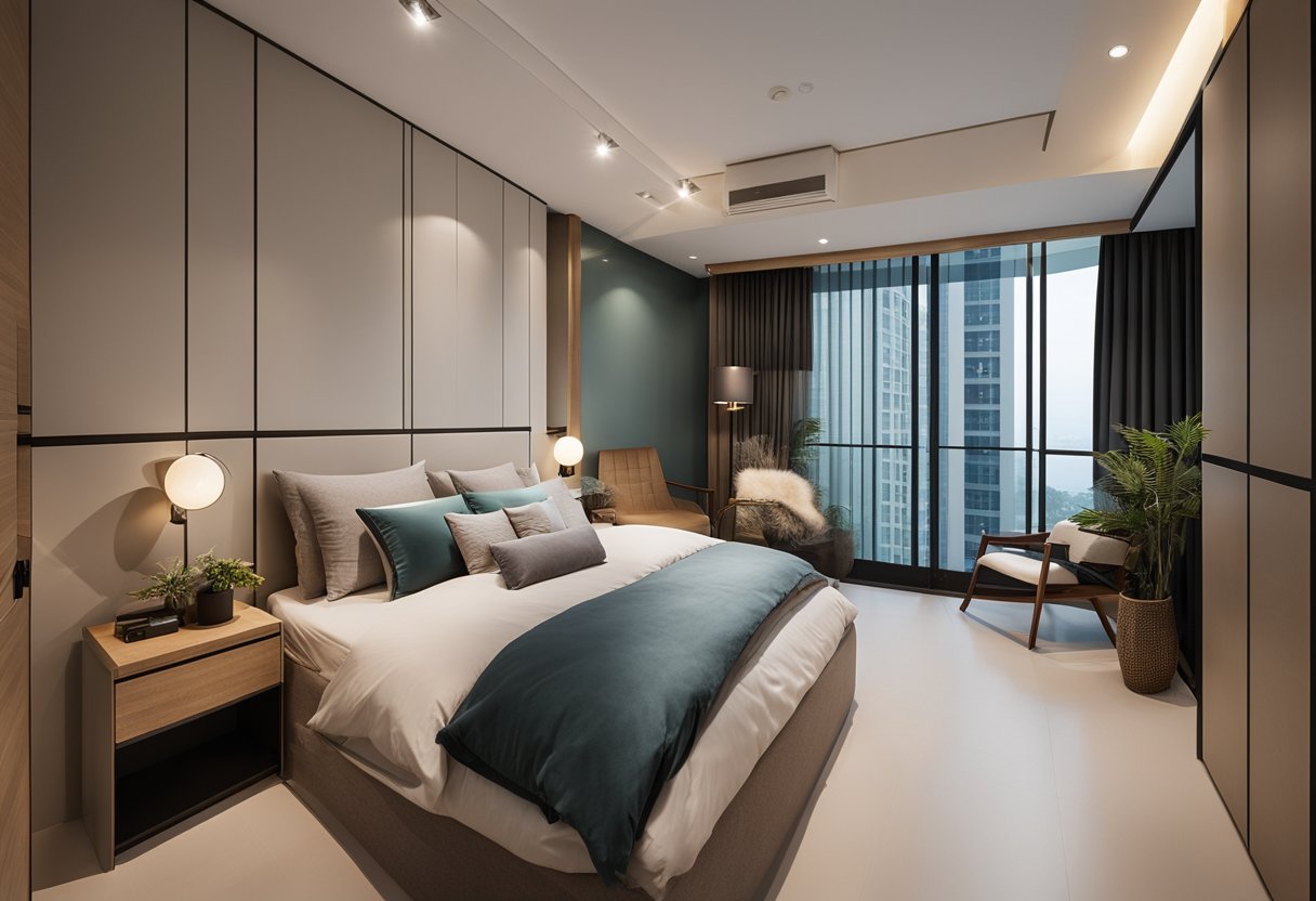 A spacious HDB bedroom with a walk-in wardrobe, featuring stylish and functional design elements