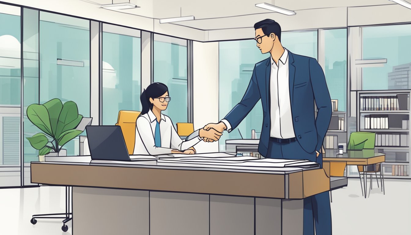 A business owner signing loan documents at a bank in Singapore. The banker offers a handshake, indicating approval. The office is modern and professional