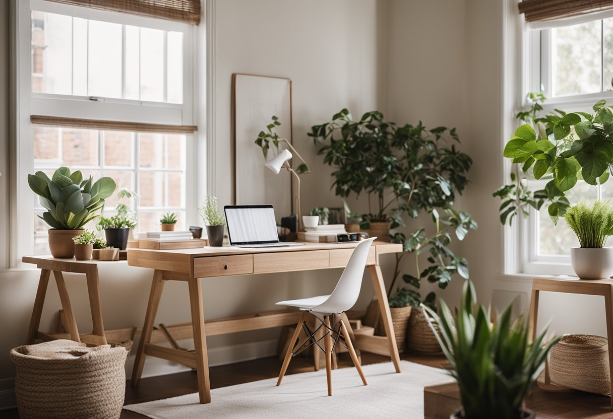 A cozy bedroom with a neutral color palette, a large comfortable bed, and plenty of natural light streaming in through the windows. A small desk and chair in the corner create a functional workspace, while decorative accents and plants add warmth and personality to the space