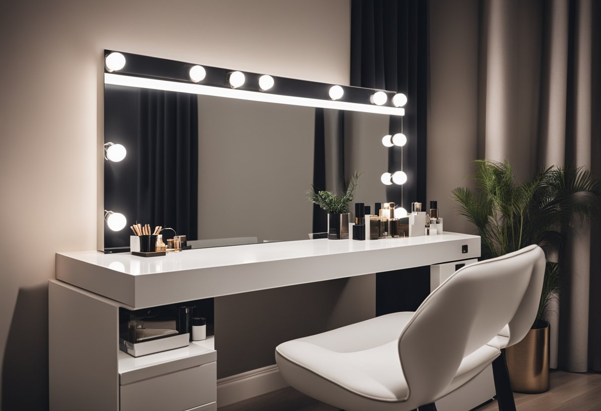 A sleek, minimalist dressing table with a large mirror, organized storage compartments, and integrated lighting