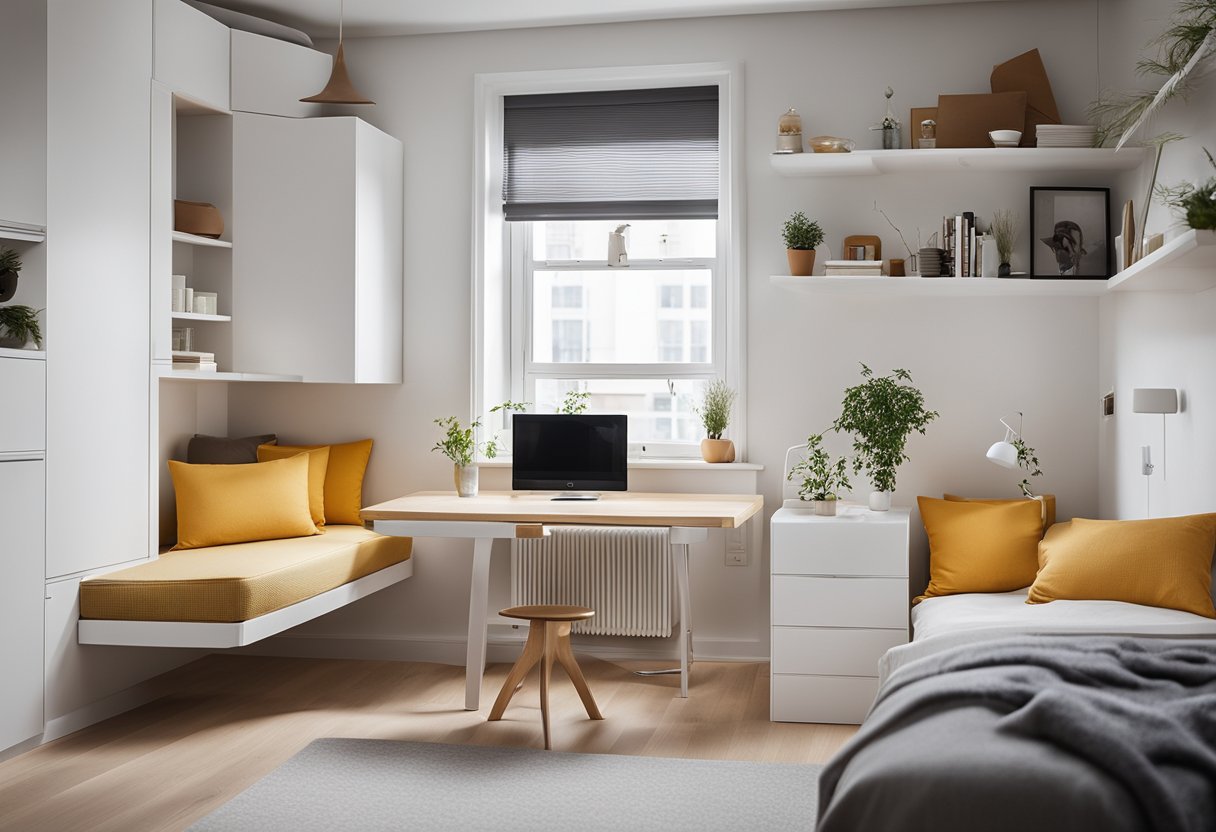 A 1 bedroom flat with clever storage solutions: under-bed drawers, wall-mounted shelves, and a fold-out dining table. Bright, airy space with minimal furniture for maximum functionality
