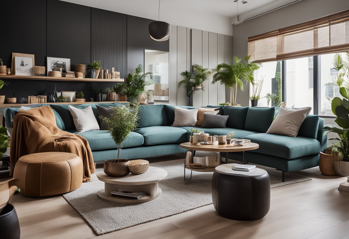A cozy 150 sq ft living room with a modern design, featuring a comfortable sofa, a stylish coffee table, and a well-organized bookshelf