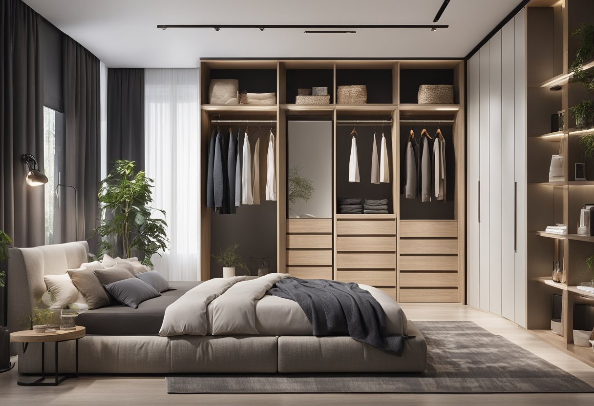 A spacious bedroom with a walk-in wardrobe, featuring a modern and functional design. The room is well-lit with natural light, and the wardrobe is organized with shelves and hanging space
