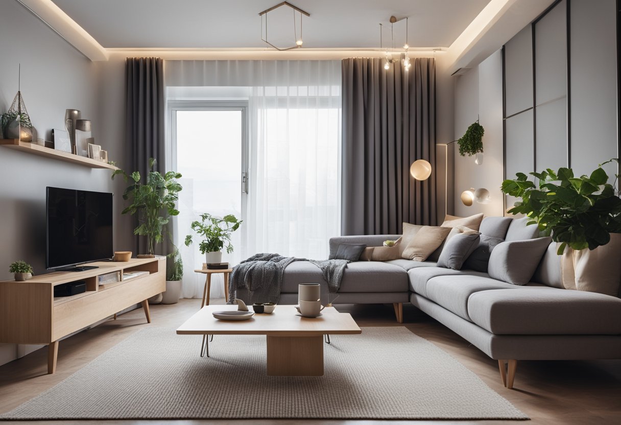 A cozy 1-bedroom flat with modern furniture, a minimalist color scheme, and clever space-saving solutions