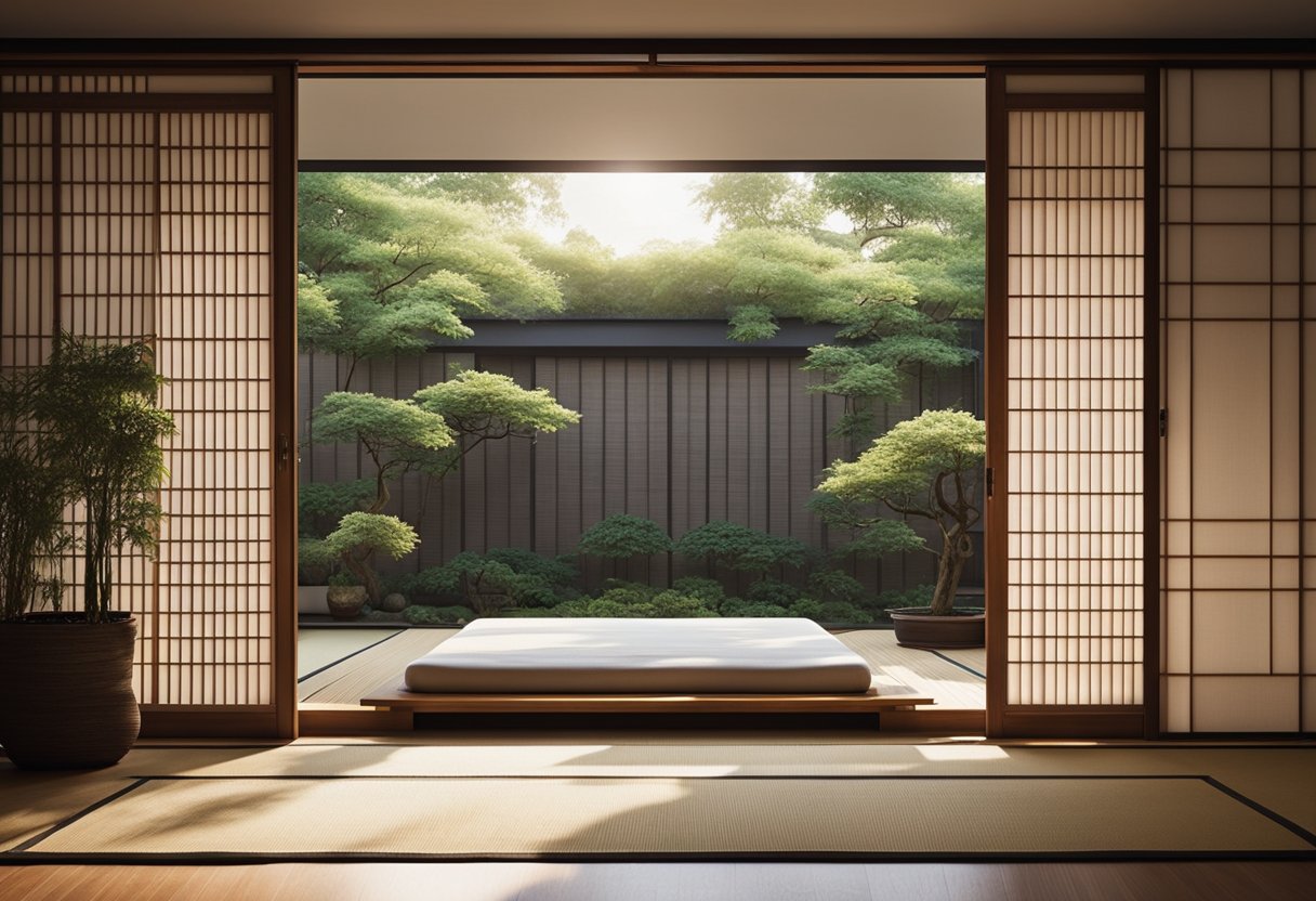 A low wooden bed sits on tatami mat floor. Sliding paper doors reveal a small garden. Minimalist decor and shoji screen windows complete the serene space