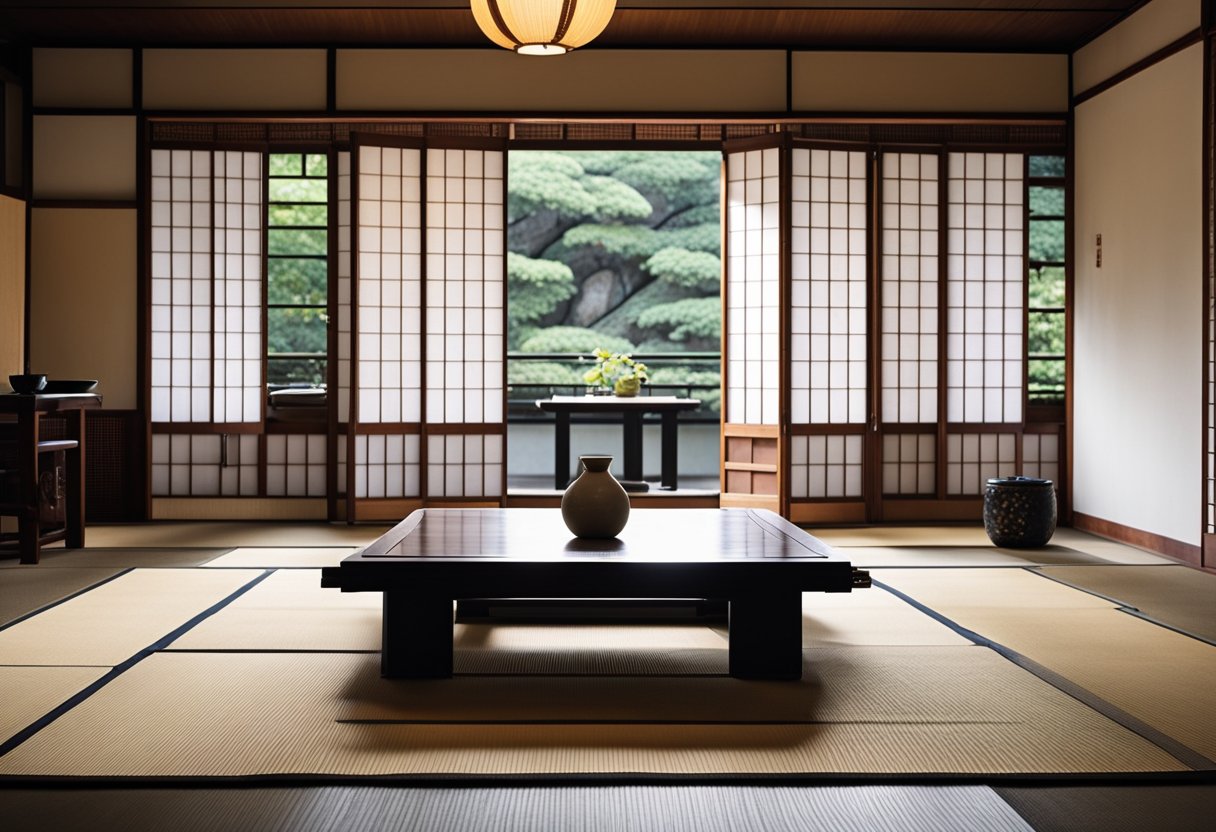 A tatami mat floor with low, minimalist furniture, sliding shoji screens, and a tokonoma alcove with a hanging scroll